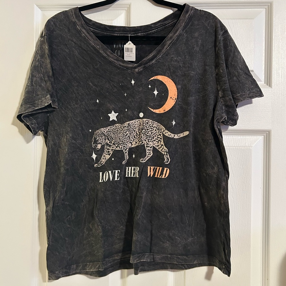Black Graphic Tee with Leopard and Moon Design